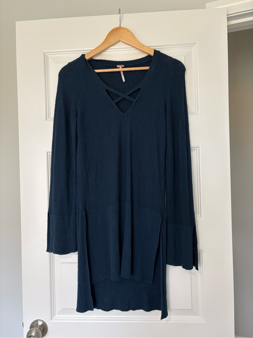 Free People Waffle Knit Fall Outfit Blue Tunic Sweater Art Teacher Size Small